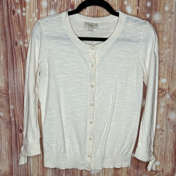 Loft Cream Cardigan with Faux Pearl Buttons Tie Sleeves Size Small Lightweight - Picture 4 of 6